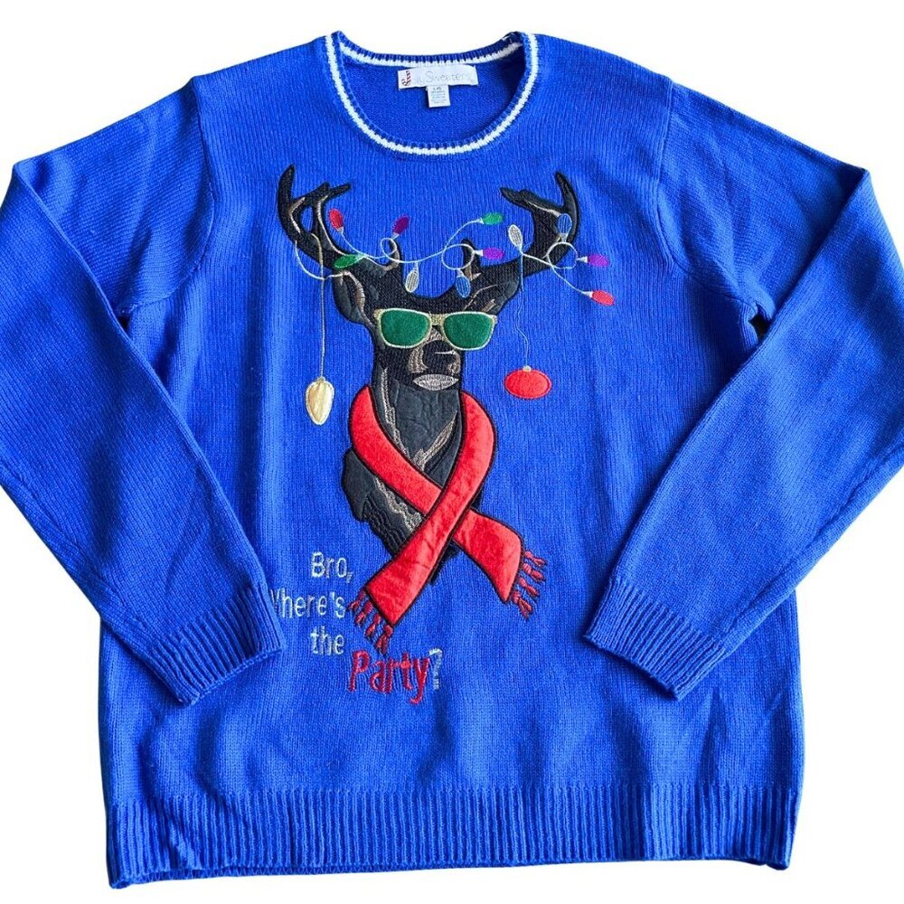 Jolly Sweaters "Bro, Where's The Party" Blue Reindeer Sweater - Size Large